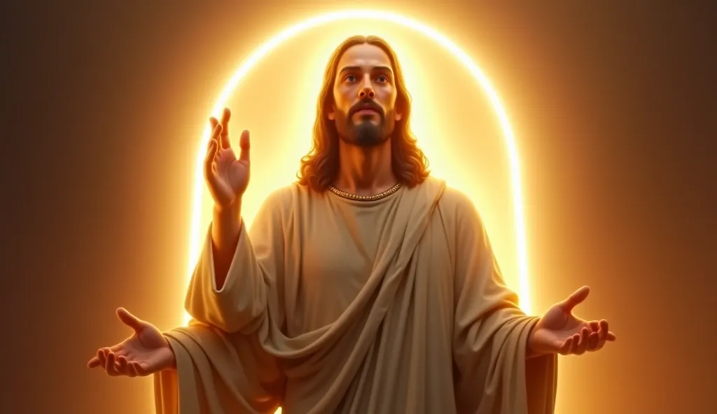 Create a very realistic image of Jesus Christ to look forward to with one hand in front of you as if you were to prophesy. It is from chest height up and behind it there is a luminous arc. Put it in the right corner of the image