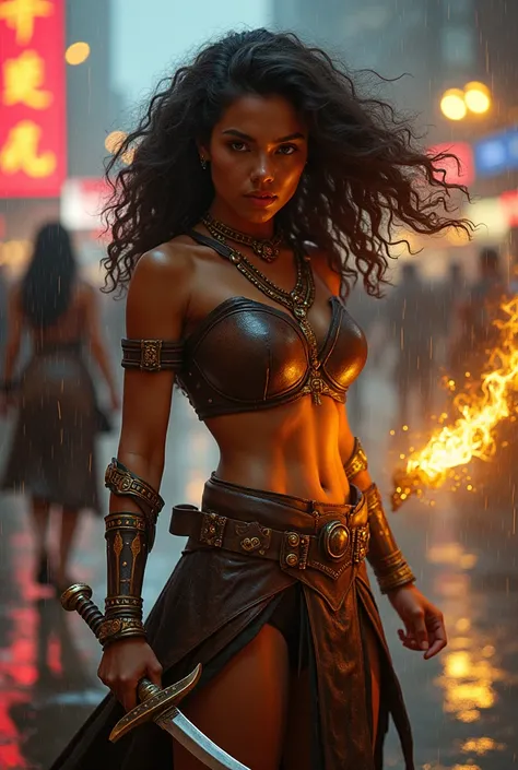 A young and determined warrior, Mel Medrado has warm brown skin and intense brown eyes. Her voluminous, curly dark brown hair cascades over her shoulders, with a few strands flowing in the wind. She wears a reinforced leather armor with golden metallic det...