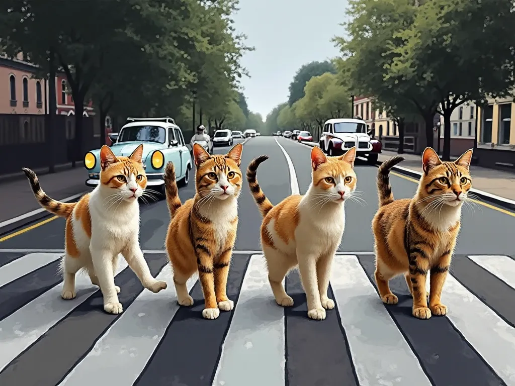 realistic photo of four cat walk on the zebra cross the style is like the beatles from popular photo 