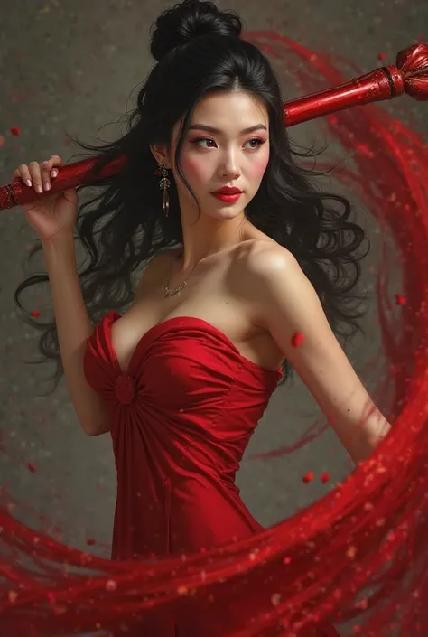 Pictures of her with black hair tied red dress and red Baton 