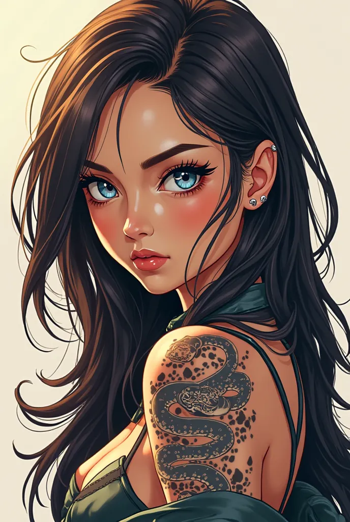 Italian girl with dark brown hair and a tan skin, blue eyes wearing a jacket and with a snake tatooed on her arm anime style