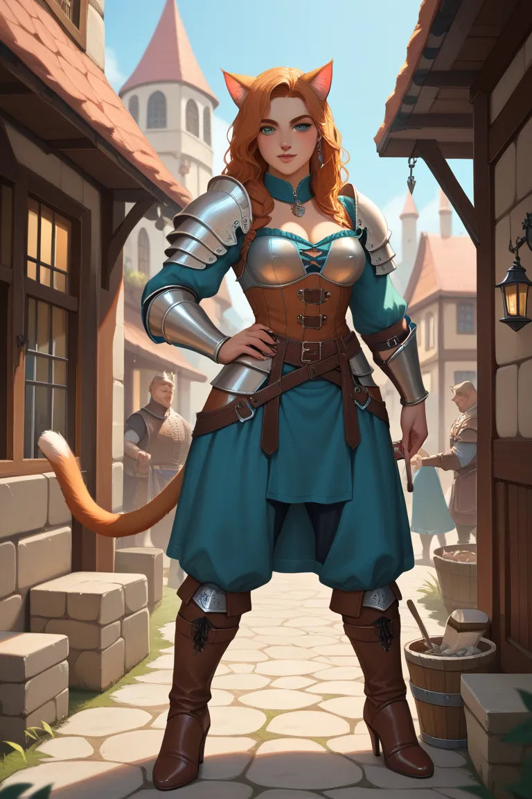 woman (cat ears), (cat tail), feline eyes, medieval fantasy, leather armor, claws, full body, medieval town