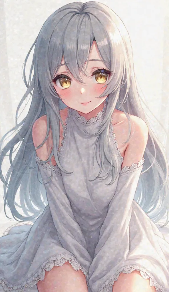 Anime-like smile,long hair, bangs, skirt,Gray Hair, 分け目のあるbangs, 斜めbangs,  natural perm, with golden eyes,  delicate hair,An ephemeral and mysterious atmosphere,1 girl crouching,high neck white lace dress,full body,Standing,standing
