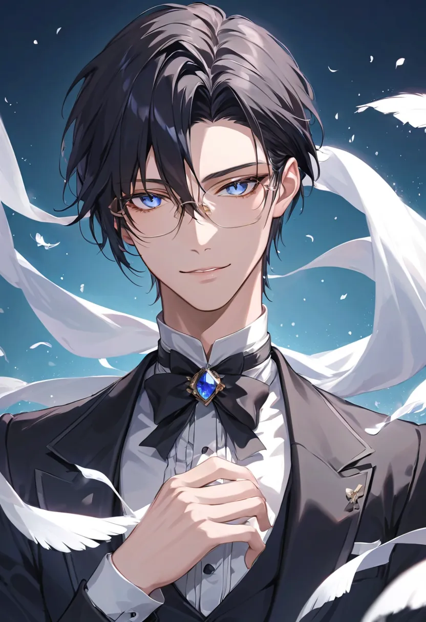 An ultra-HD, hyper-detailed anime-style illustration of an elegant butler with jet-black, silky hair that is meticulously rendered with soft highlights and refined texture. His hair remains purely black without any unnatural color variations, flowing natur...