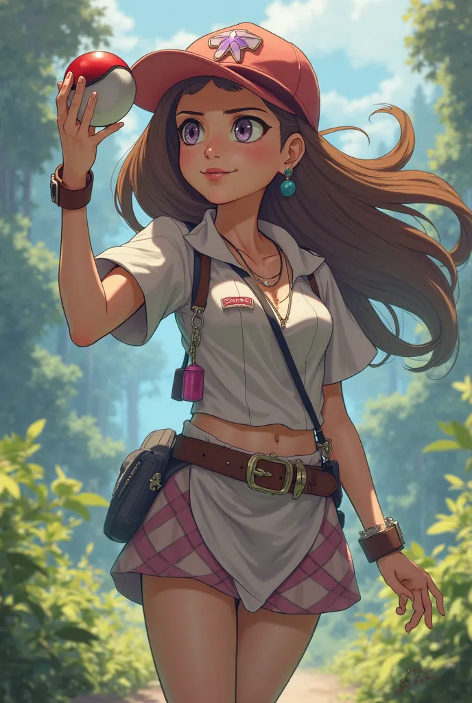 Girl pokemon trainer holding pokeball with brown hair and lilac eyes