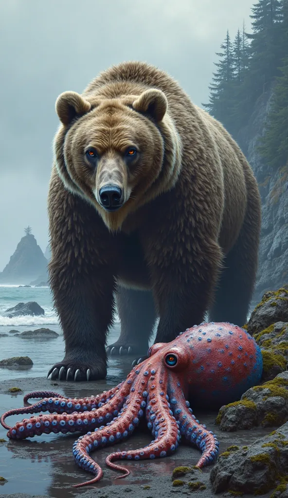 A highly detailed and realistic digital painting of a massive grizzly bear with thick, thick,  gray-brown coat , standing beside a large, vibrant octopus. The bear's powerful muscles are visible beneath its thick fur, and its darkness, intelligent eyes sta...