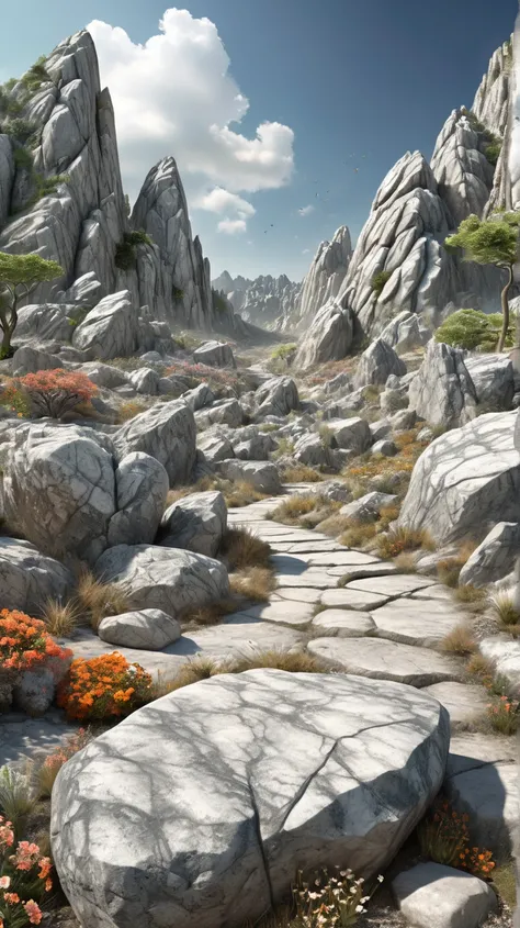 seamless image fusion, colorless world of stone, granite and marble combine to create a land where flora and fauna and cities have turned into limestone, soil and dust blown by the wind, brilliant effects, shading effects, gradation magic effects, (ultra d...