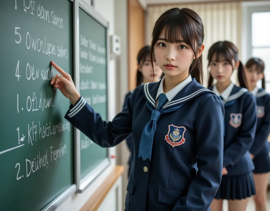 A human transfer student in a sexy sailor suit standing in front of the blackboard in a classroom introducing herself, all of her classmates are realistic identical androids wearing blazer uniforms, High resolution, realistic, professional, extremely detai...