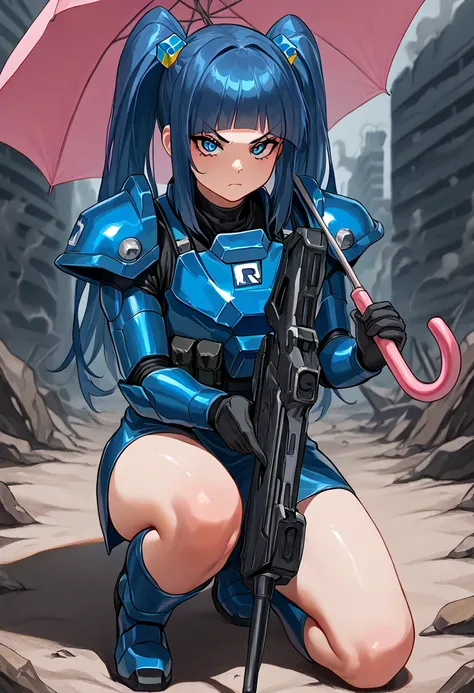  Masterpiece , best quality, One, 1girl, rkn-chan, filthy, serious, looks at the viewer, hold a pink umbrella on one knee , holding a gun, bulletproof vest, long hair,  blue hair ,  dumb bangs, double tails, cube-shaped hair pendant, blue eyes, blue armor,...