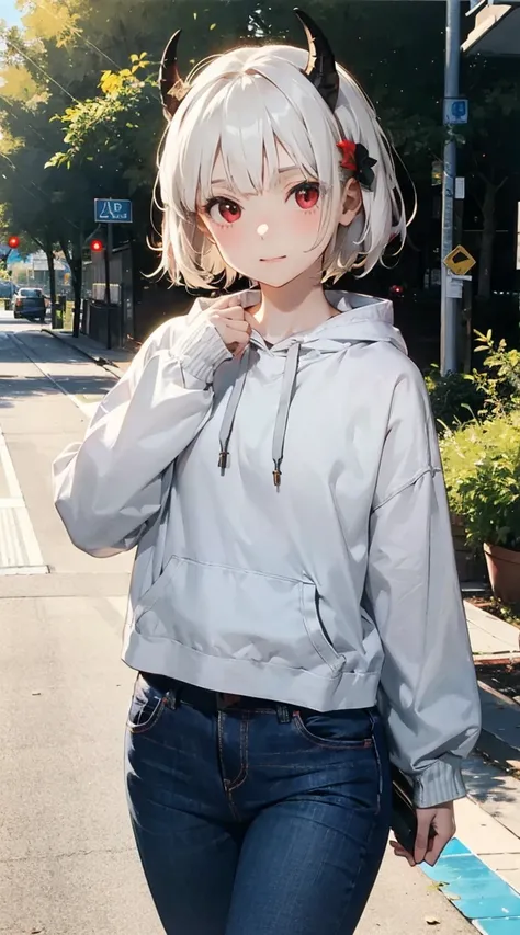 small girl, with an innocent and cute appearance, small white dragon horns, pale skin, short hair, red eyes and A tail.  wearing a hoody and pants, sleeves past wrists,  acting cute, looking at viewer, depth of field, ,special_eyes