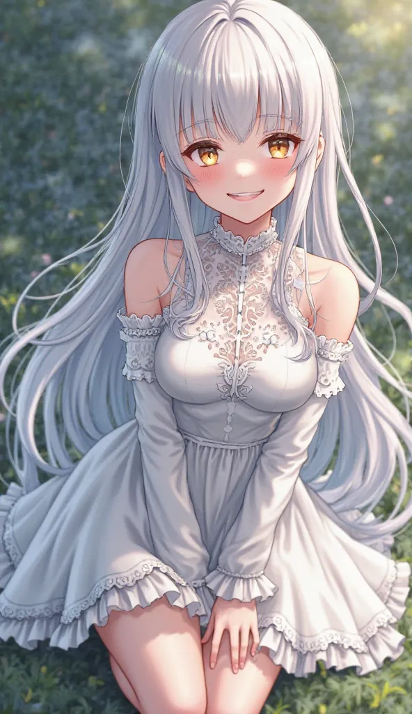 Anime-like smile,long hair, bangs, skirt,Gray Hair, 分け目のあるbangs, 斜めbangs,  natural perm, with golden eyes,  delicate hair,An ephemeral and mysterious atmosphere,1 girl crouching,high neck white lace dress,full body,Standing,standing
