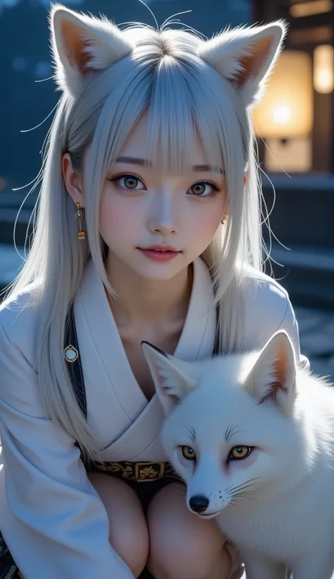 1 girl crouching, arctic fox,Nine-tailed fox, kimono,Shrine maiden outfit, white skin,White hair color,8k,night,front,1 girl crouching, long hair, looks at one woman,  blushes, long hair,  wolf ear, 4K,High Resolution, textured skin, high quality, earrings...