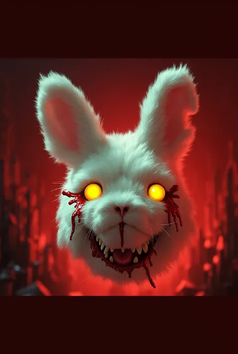  Head of a fluffy and soft white rabbit with an evil smile and eyes with yellow buttons with blood stains. half red light 