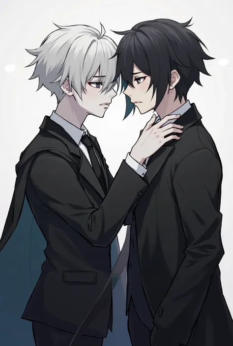  Two boys together , a boy with white hair up to his neck au haircut,  gray eyes, white skin, in a black suit with a coat, face de estilo beta, the other boy with black hair,  gray eyes, white skin, face, clothes also in a black suit and black coat, alfa, ...