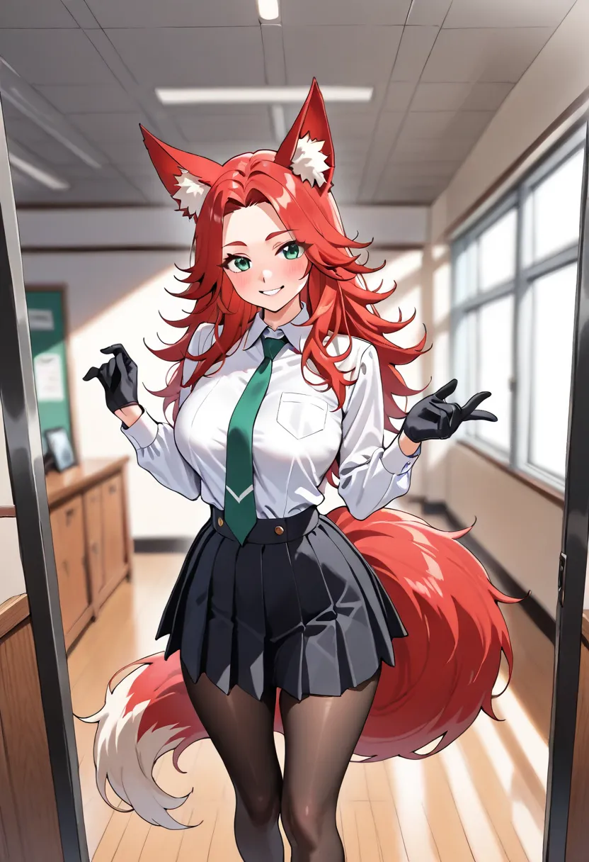 stay, AG stay, Fox Ears,  fox tail, fringe, ,  black skirt, unbuttoned high school dress, white vest, green tie, breasts,  smile, eyebrows visible through the hair, black gloves, breasts grandes,  long messy hair , gray hair, Emerald Green Eyes, looking at...