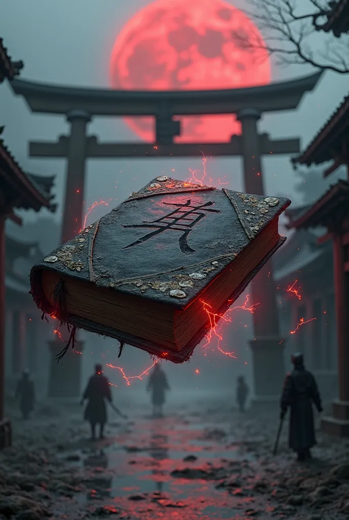 Prompt:
"A dark, ancient book floating upright in mid-air, surrounded by eerie black and red magical energy. Its worn leather cover is cracked but mostly clean, with faint glowing kanji runes swirling around it like cursed mist. The background features a r...