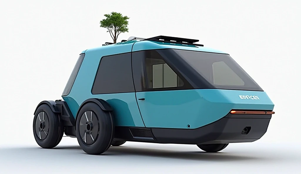 "A futuristic, multifunctional electric vehicle combining a tricycle, camper, and boat in one innovative design. The vehicle is painted in a sleek blue and black color scheme with geometric, angular surfaces. It has a sturdy front resembling an electric ca...