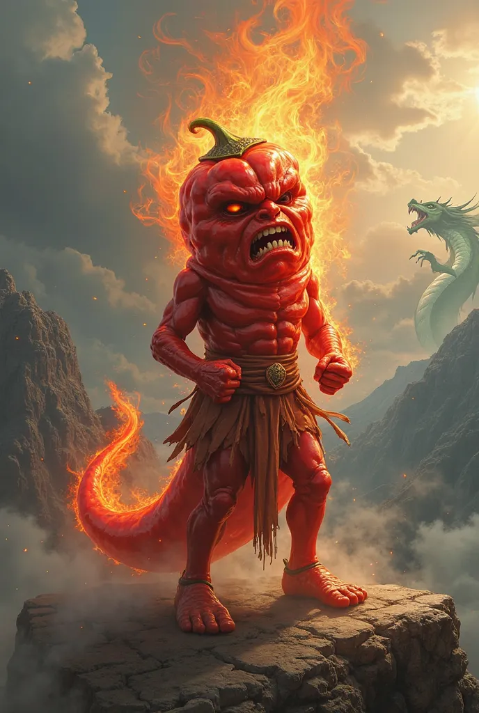 We will create the image for a game card ctg, of myths and legends. The theme will be a chili pepper with a face, with a burning aura, clenching my fists at the waist, angry. Above a mountain where in the distance you can see a green dragon