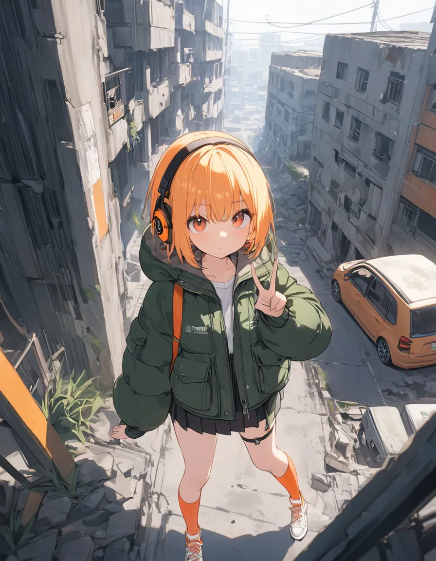 score_9, score_8_consolation , score_7_consolation , score_6_consolation , score_5_consolation , score_4_consolation ,4K,8k, 1 female  ,white padded jacket with oversized hood,dark green short cut hair, Orange headphones,Ruby eyes, miniskirt next to the ca...