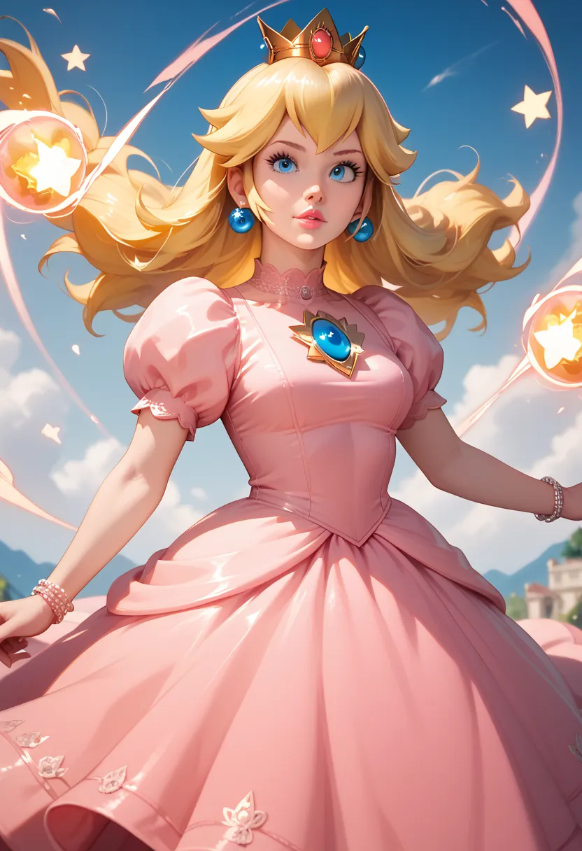 ultra- detailed, highres ,Bodybuilder Peach's cowboy photo, blond hair, blue eyes,  energy,  dress pink, jewelry,  detailed, sharp focus, dramatic,
