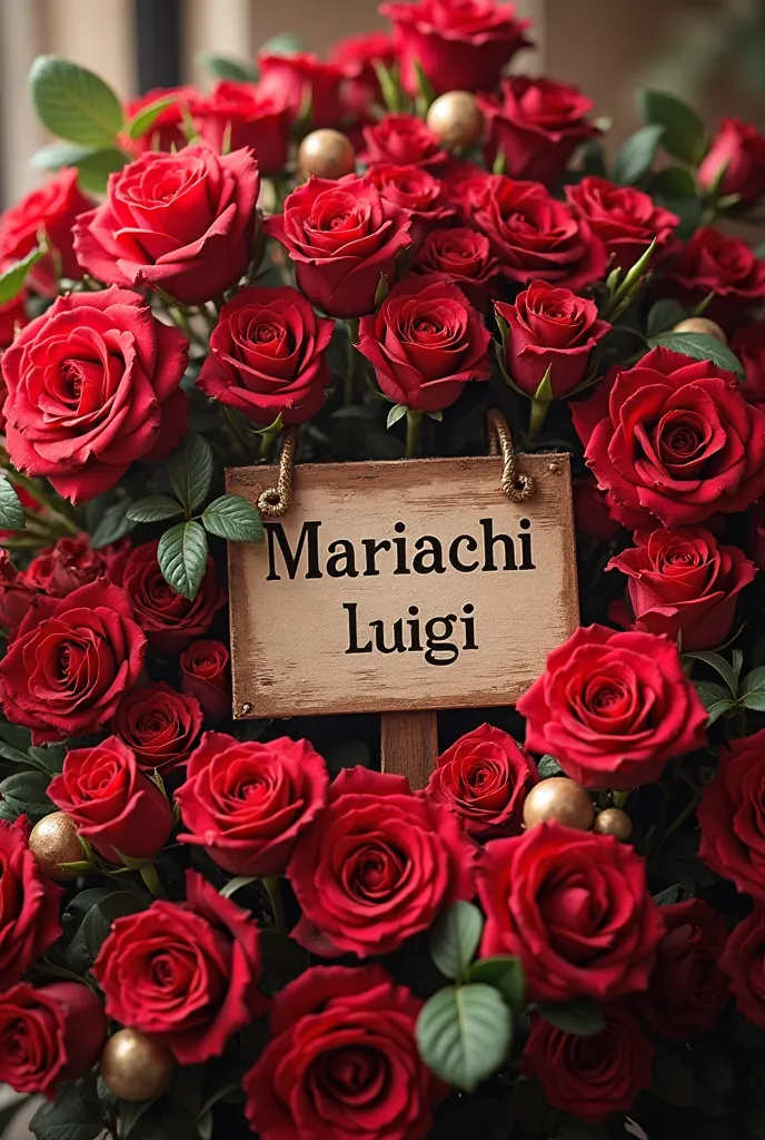 In the middle of a bouquet of red roses surrounded by many bulbs, a sign that says "MARIACHI LUIGI"