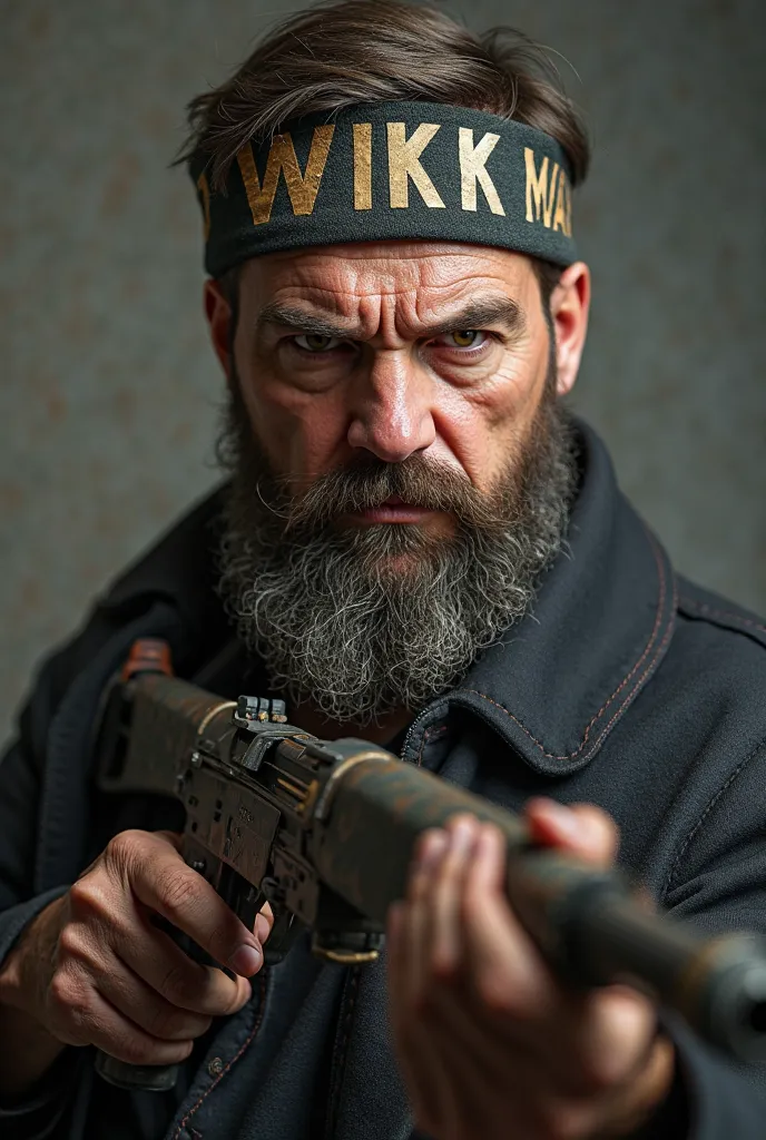 31 year old bearded white man with mayor's headband written Wikk, holding an AK 47 