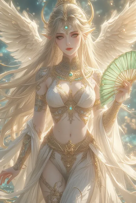 A stunning anime-style goddess with Egyptian aesthetics, standing gracefully in a mystical setting. She has long, flowing golden hair cascading down her shoulders, partially covered by a sheer, ethereal veil. Her almond-shaped emerald green eyes radiate wi...