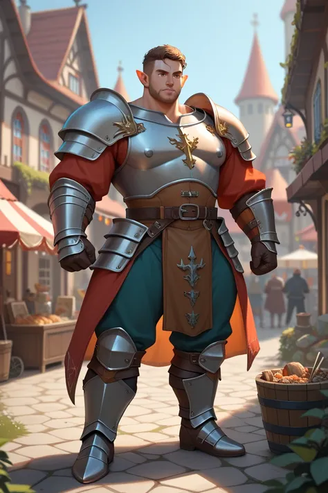 big muscular man, elf ear, brown hair, dark skin, medieval fantasy, dark brown full iron armor, full body, medieval town