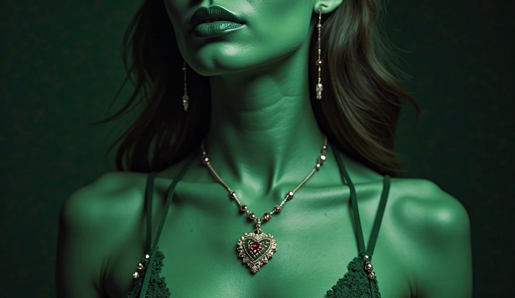 Alta calidad, 8K ultra HD,  Close-up of.  studio photo, Jewelry photography style, model approximately ,  .  jewelry modeling a short and elegant necklace. The background is monochrome, sharp focus, The emerald green color prevails in the image. 