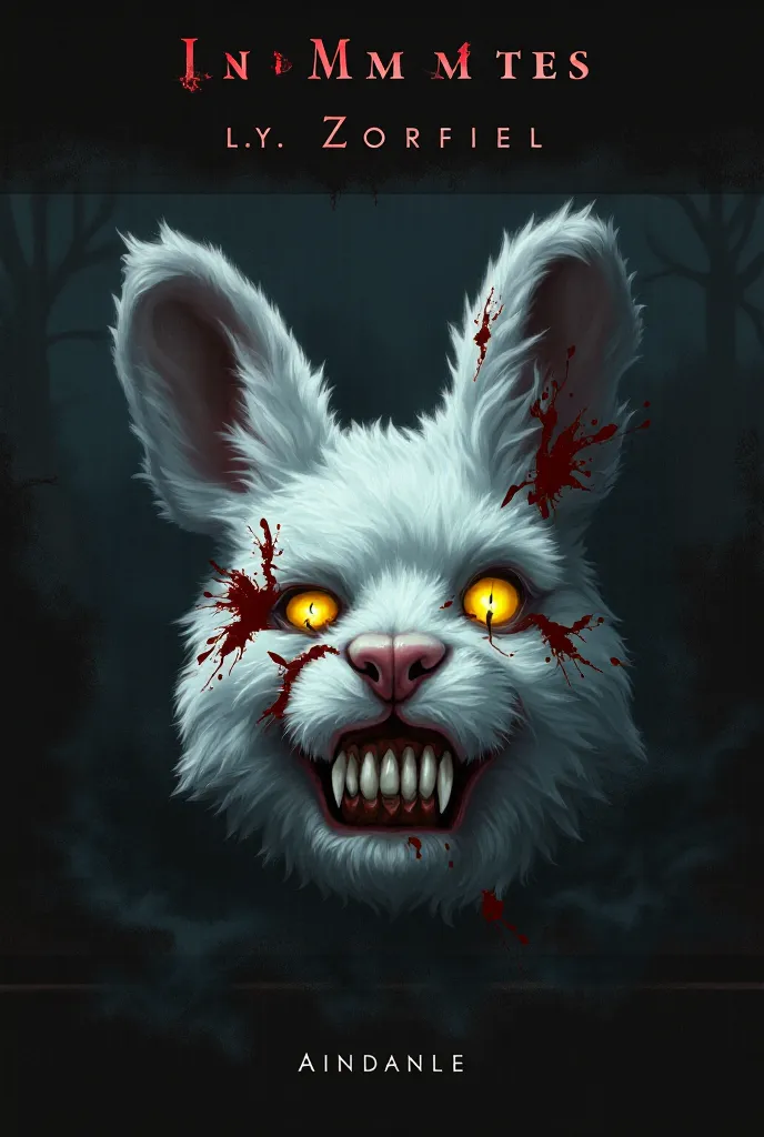 Create for me a horror book cover of a man with the head of a fluffy and soft white rabbit with an evil smile and yellow eyes with blood stains.