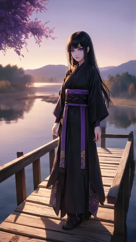  anime girl t-shirt, Long black hair, violet eyes,  She has a seductive look , has a black collar, He's wearing a black ninja costume with purple ornaments, standing on a wooden bridge,  At the edge of a lake