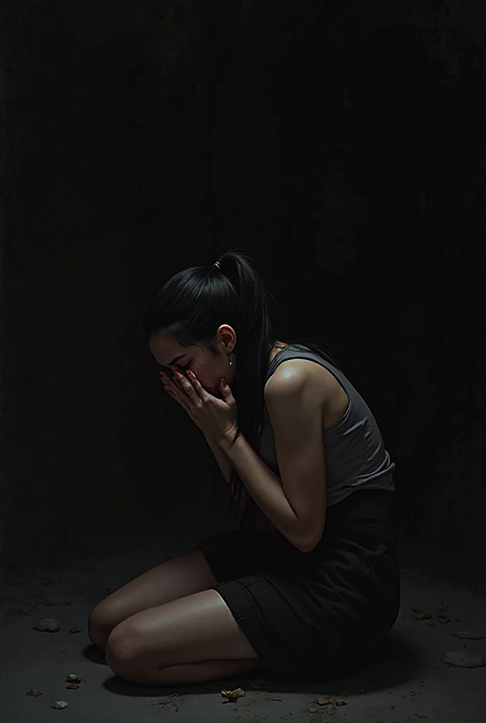 A woman on her knees crying on a dark background