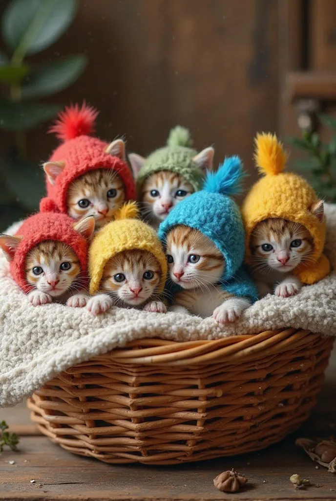 Here’s your prompt in English for SeaArt:

“Several small kittens nestled in a cozy wicker basket, each dressed in an adorable parrot costume. The costumes are vibrant and colorful, featuring soft feathers in shades of red, blue, green, and yellow, with ti...