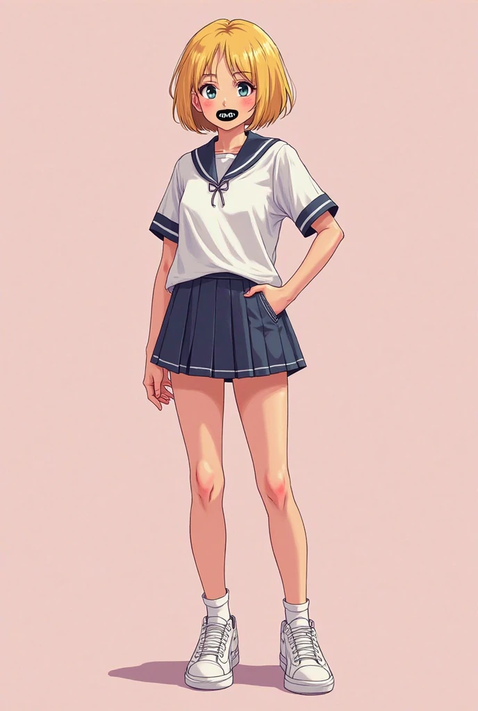 A 15-year-old student, but if the student has short sleeves with a miniskirt and a blonde is a school top, a black logo on her lips will have red lipstick shoes And a white sneaker

