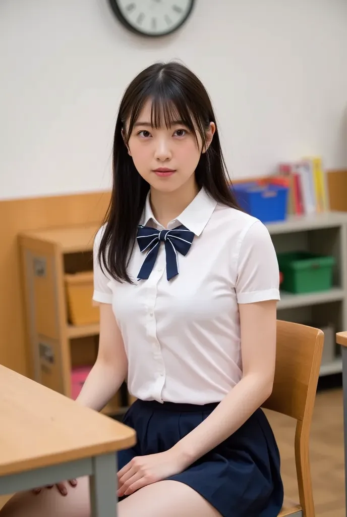 classroom　High School Girls　uniform　Sitting at a desk　short skirts　I can see cute panties