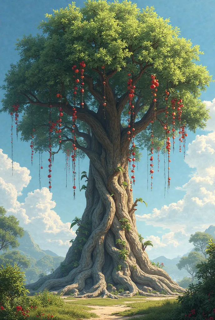 a tall tree with trunk, root, and red fruits