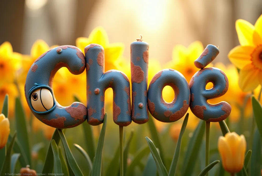 Create a poster with letter-by-letter writing "CHLOÉ " en français dans un style Disney 4d. Thème stitch et JONQUILLES 