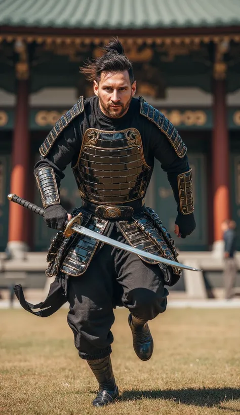 Messi dressed in samurai costume, Rushing into battle, very realistic , Cinematic, Samurai temple background