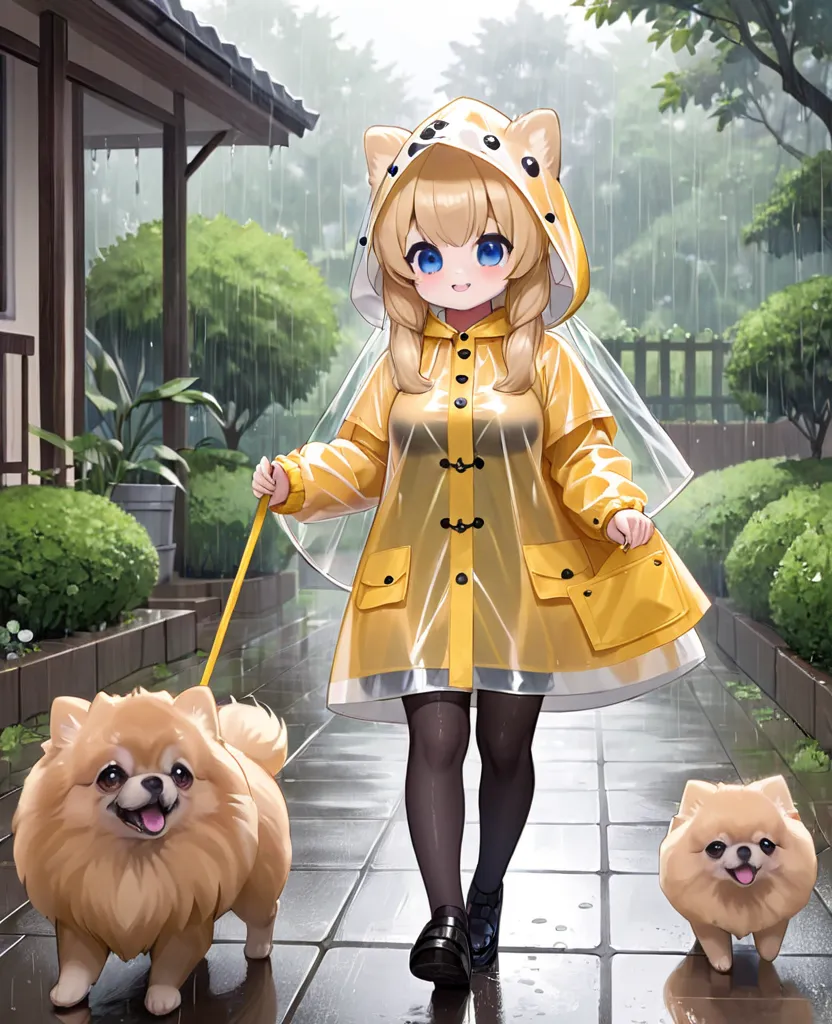  top quality, cute, girl, twin tails , blue eyes, loli,Big Breasts,cute Pomeranian wearing raincoat,dogs raincoat,garden,Play outside,white Gothic hood raincoat,She's wearing tights,walking pomeranian,rainy day,