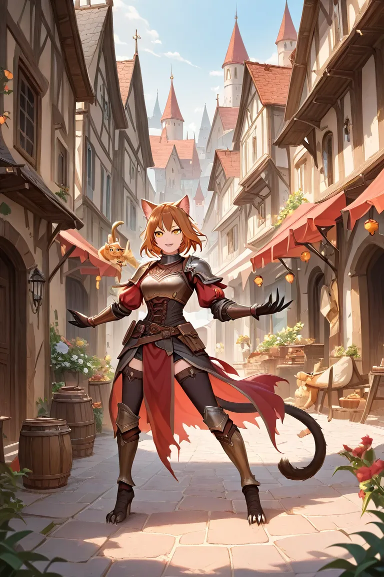 woman (cat ears), (cat tail), feline eyes, medieval fantasy, leather armor, claws, full body, medieval town