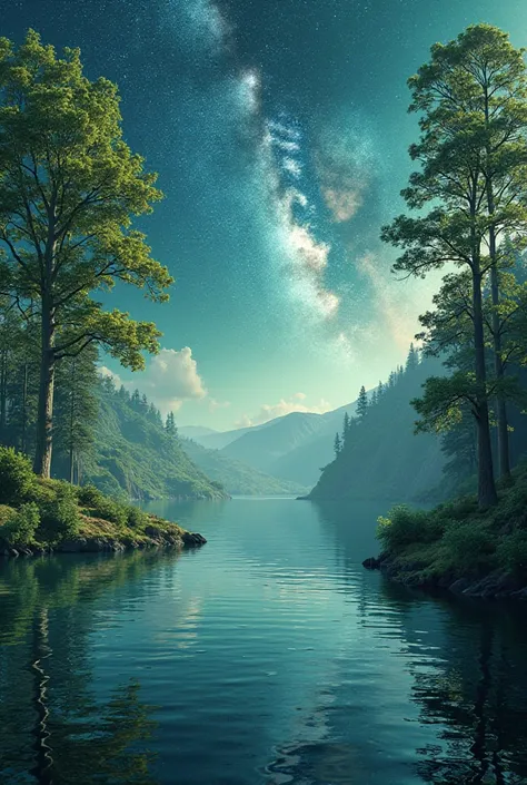 A beautiful green visionary landscape with beautiful trees and a big lake, the Milky Way can be seen in the sky. 