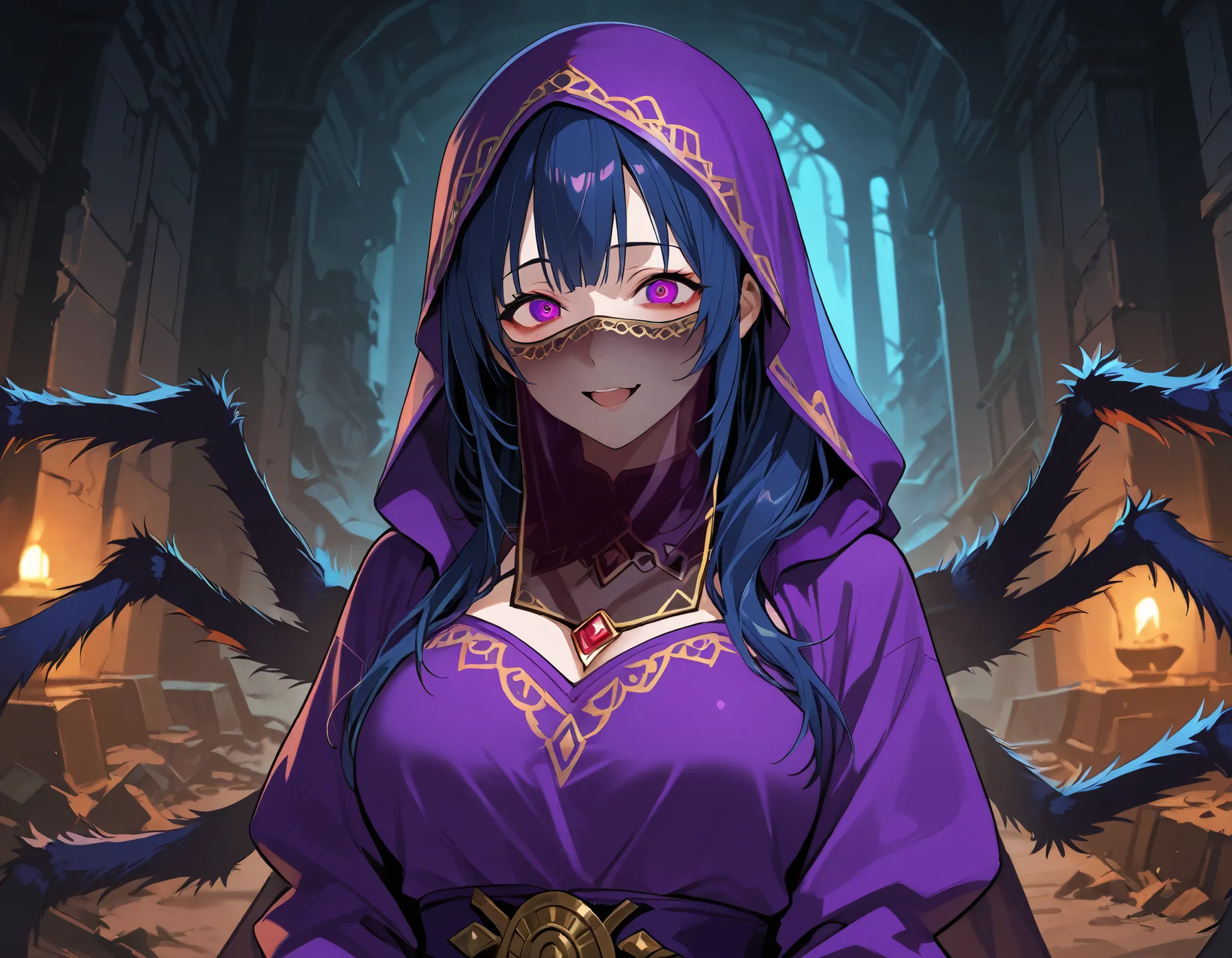 Arachne style girl. Tarantula element. Dark blue fluffy. Fortune teller costume. Face veil. Purple costume. Yandere eyes. Temple ruins. Night.