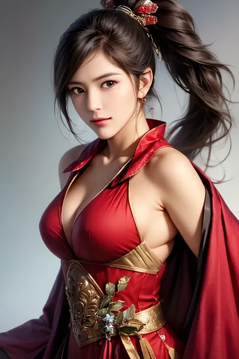 The upper body of a female warrior wearing red and gold armor and cloak, 1 person, cute ponytail ,Age 30, (((Real Face))), slightly larger breasts and cleavage, exposes cleavage,Scary face,  very fine face and skin texture , staring at camera,   Chinese Wa...