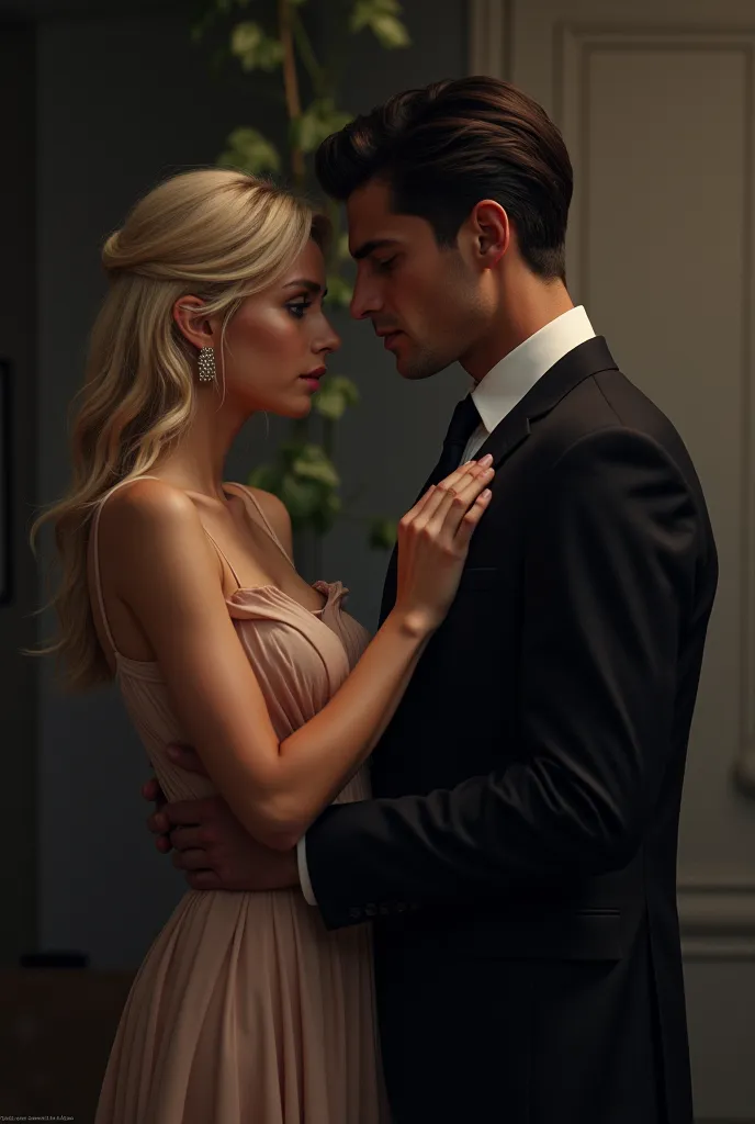 Picture of couple discussing the elegant one in a suit, handsome,  Black hair, She is a blonde in an elegant dress and tears on her cheeks she feels sad 
