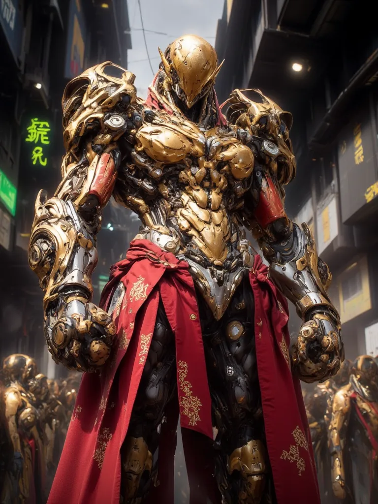 A Heavily Muscled Cybernetic Man, Gold colored Golden skin, Bald Head, Fresh faced, Flesh made of Gold, Heavy Red Roman Armor with gold Accents, Red Heavy Roman Gauntlets with gold and silver accents, With Glowing Golden Irises black Pupils and white scale...