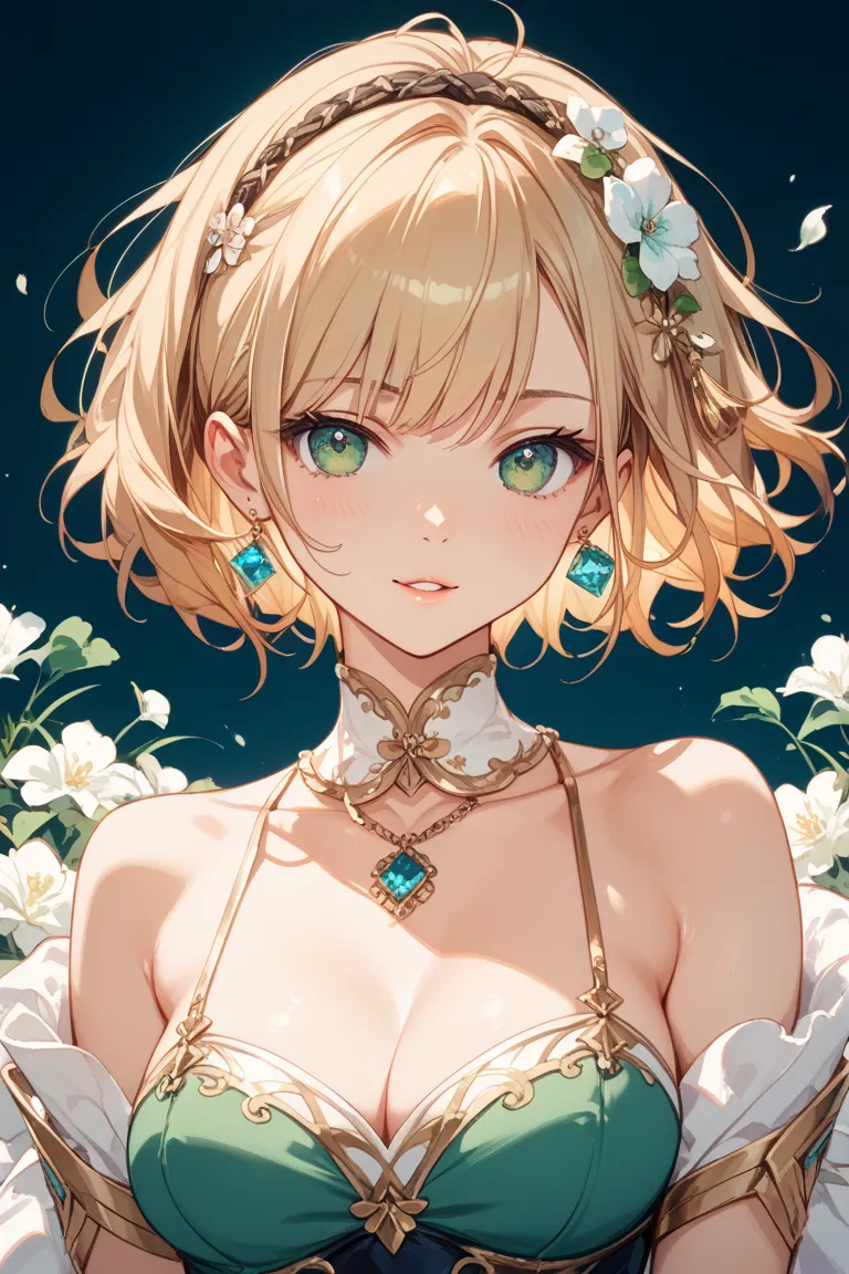 The illustration is drawn in the current popular style。

 light skin tone、Eye color is a beautiful color like deep green、The shape of the eyes is almond-shaped and slightly droopy、A beautiful hair color that mixes pink and gold、and the hair is half up with...