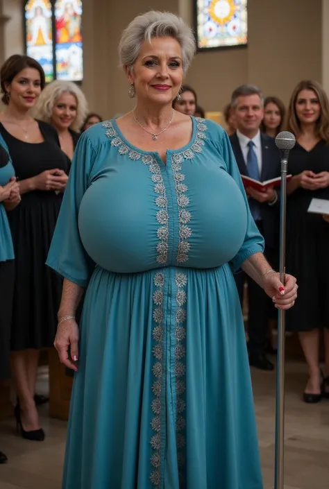  A 90-year-old grey Gipsy sexy granny with a thick figure, wearing turquise luxurious dress. huge breasts. Dark tanned skin.  Standing at a short, full-length. Short girl with slim legs. Short hairstyle. Short dark blonde hair girl, blue eyes. Very long re...