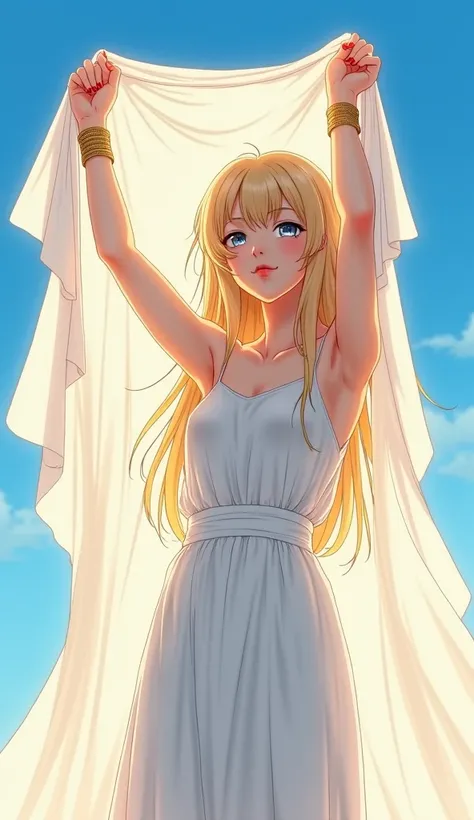 An anime girl with gray-blue eyes, long blond hair and red lips stands under the clear blue sky. She held an extra-long white gauze above her head, letting the sun cast soft shadows on her shapely arms and gold bracelets. She was wearing a one-piece Greek ...