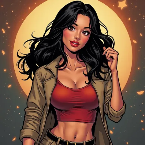 Linda Park de Dc Comics âgée de 33 ans mûre et sexy qui porte un crop top à manches longues, une veste courte et un pantalon de sur-vêtement, les cheveux longs noirs au dessus des épaules avec une raie sur le côté