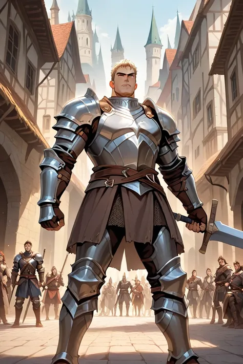 big muscular man, elf ear, brown hair, dark skin, medieval fantasy, dark brown full iron armor, full body, medieval town